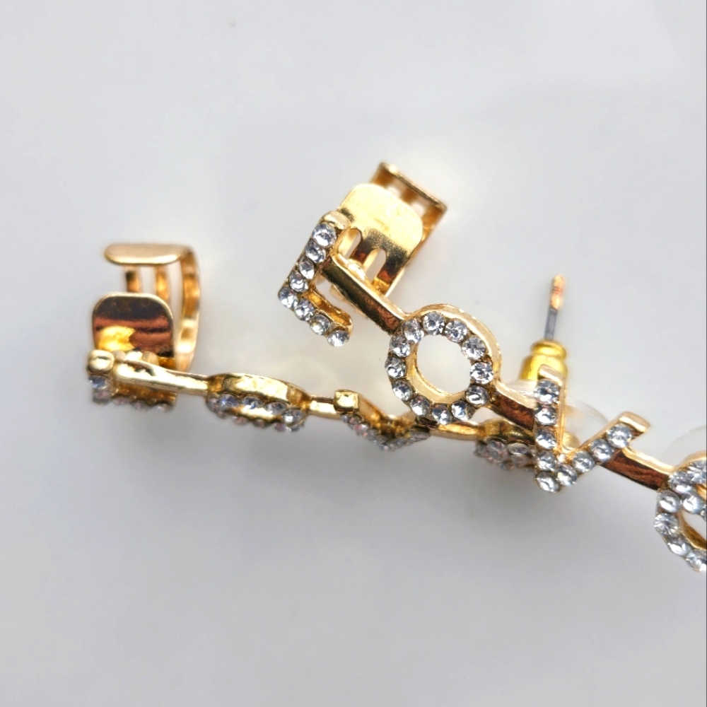 Gold Rhinestone LOVE Ear Cuff Drop Earrings Statement Dangle Fashion Jewelry - Picture 5 of 6